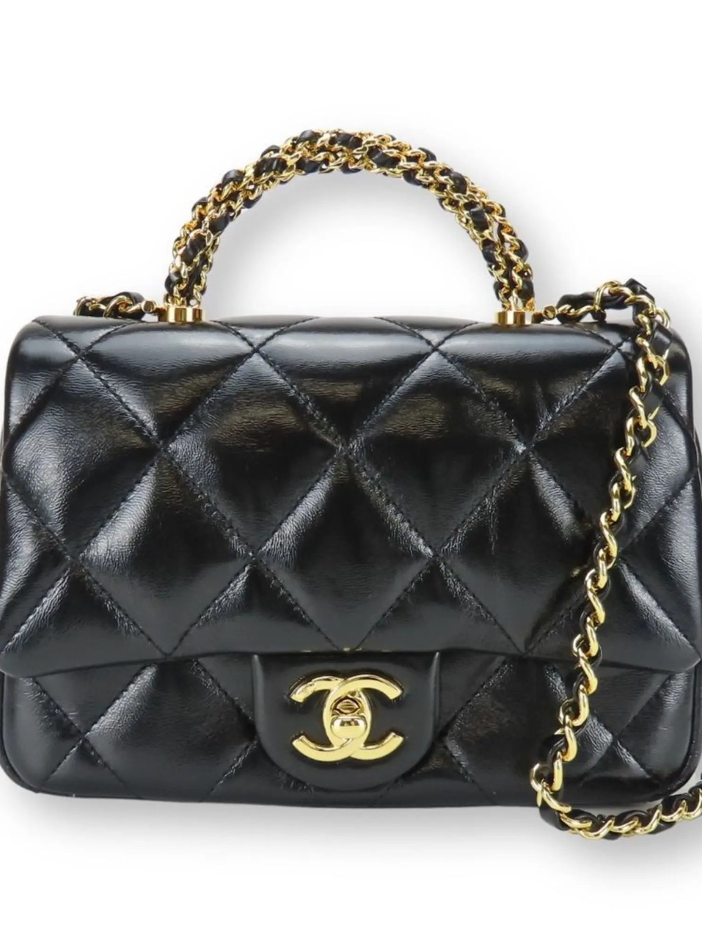 CHANEL Black Quilted Lambskin Top-Handle Shoulder Bag with Gold Hardware